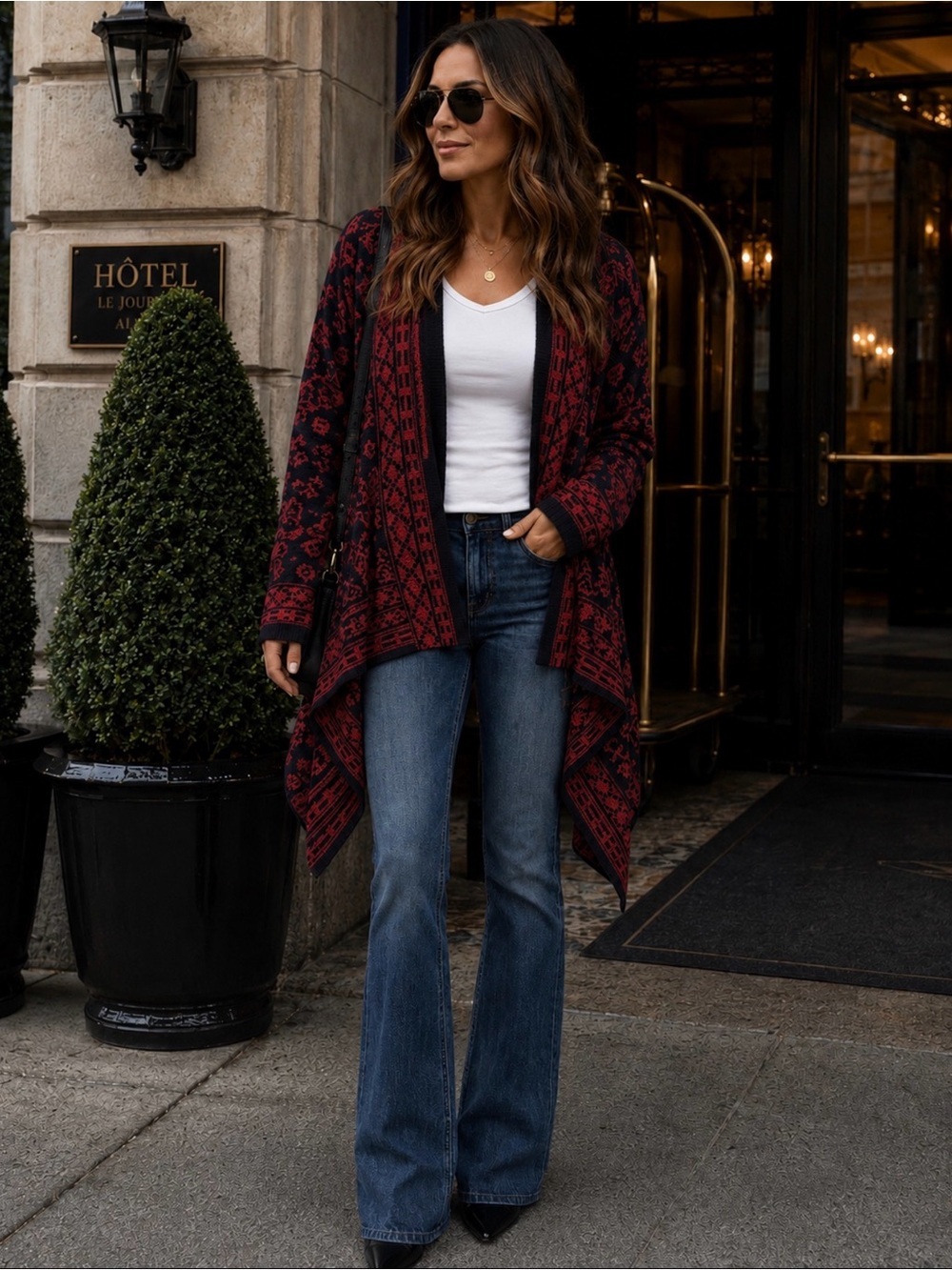 Lucky Brand Red and Black Draped Cardigan Sweater